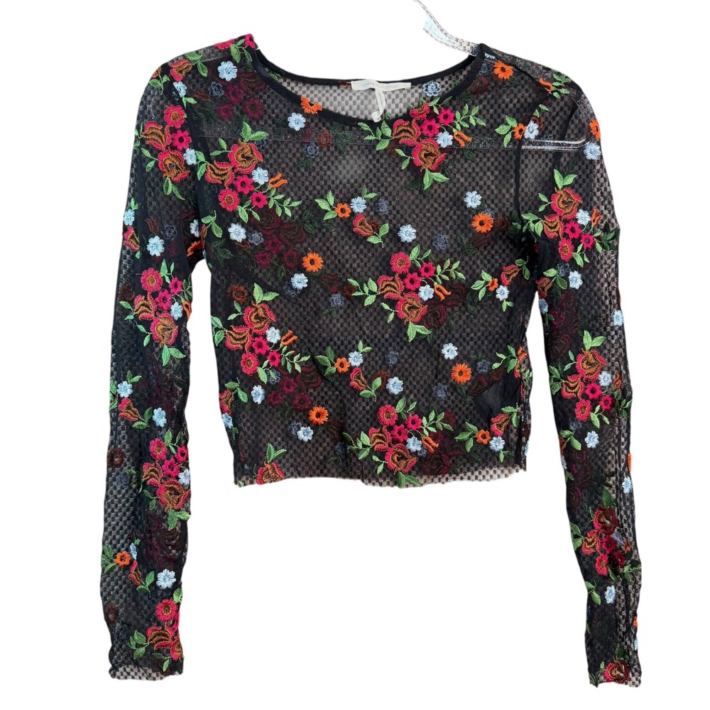Urban Outfitters Mesh Embroidered‎ Floral Crop Top Long Sleeve Black Small S